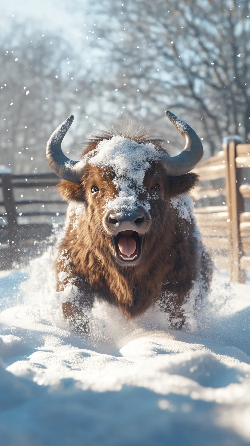 Playful fluffy creature emerging from deep backyard snow