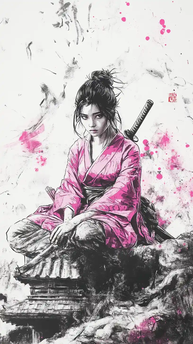 Young samurai woman in pink kimono on temple ruins