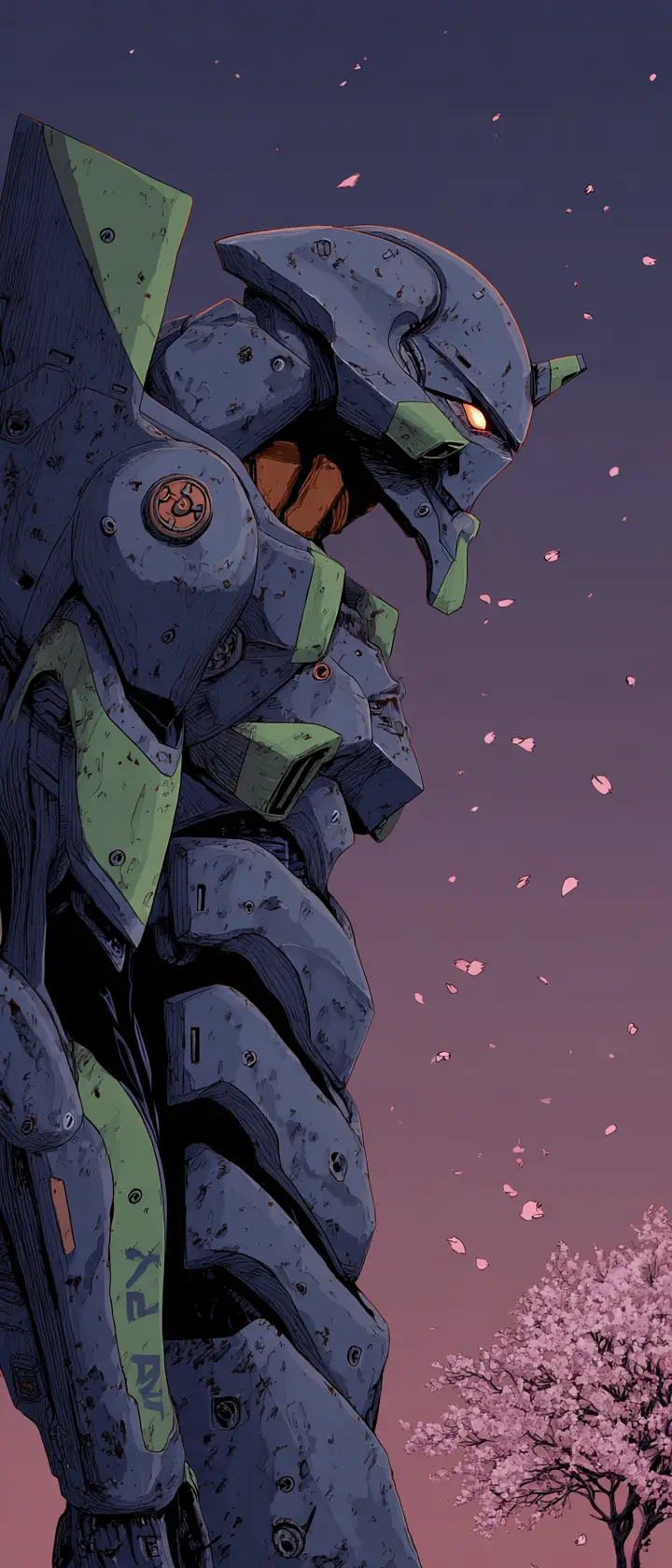 Battle scarred mecha beside a solitary weeping sakura tree