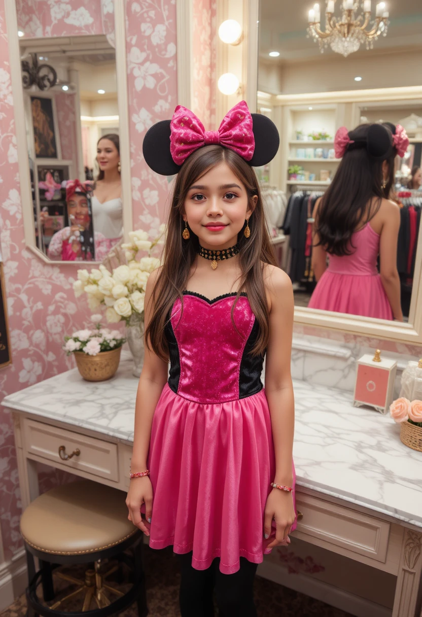 Tween boy dressed as Minnie inspired girl at vanity