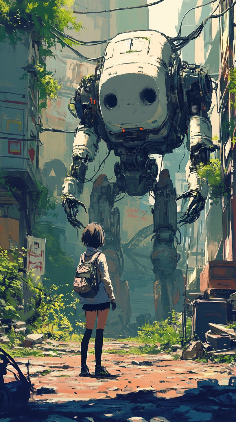 Anime girl before crying portrait in ruined surreal landscape