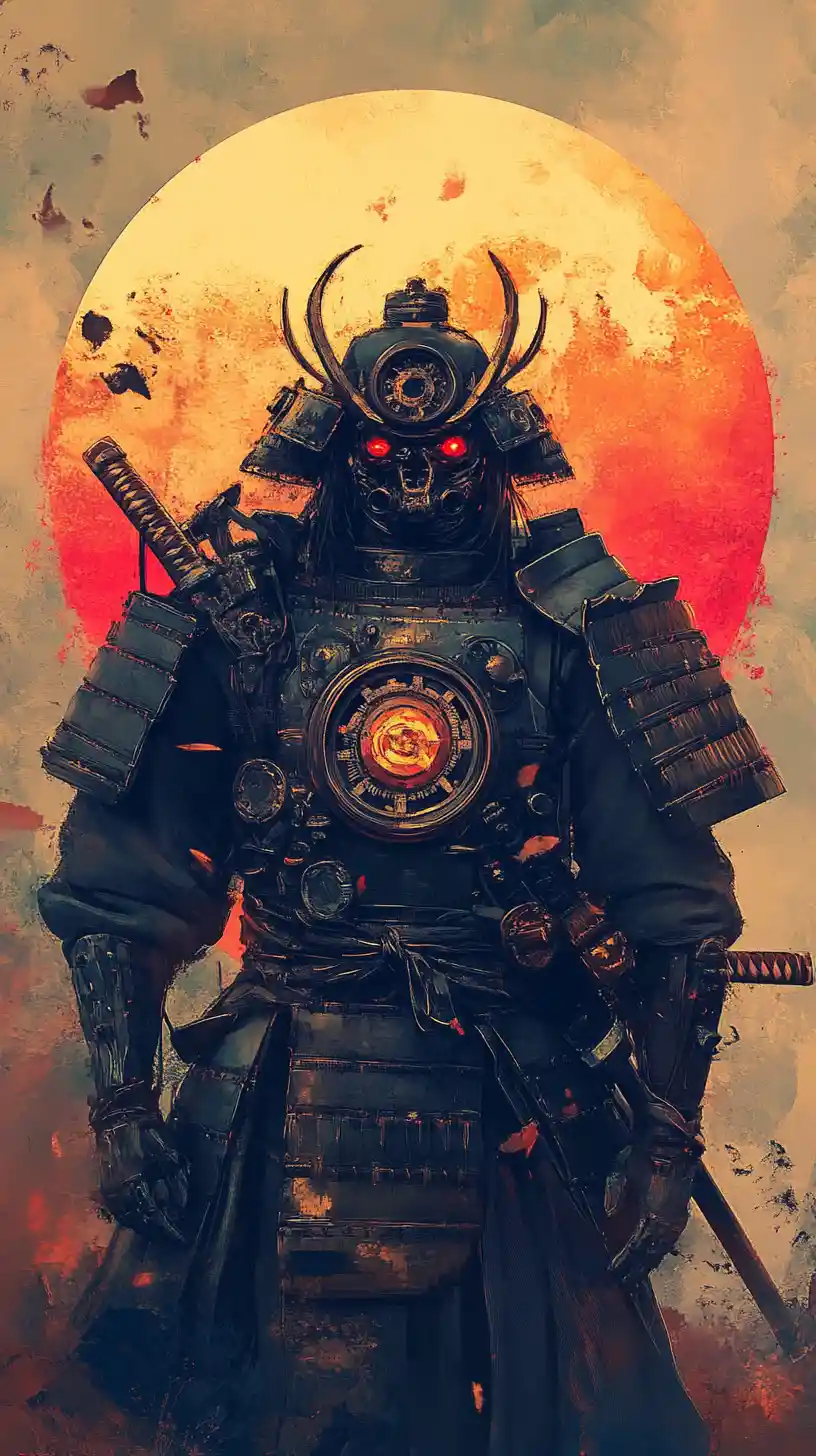Steampunk mechanical samurai guarding a blazing sunset