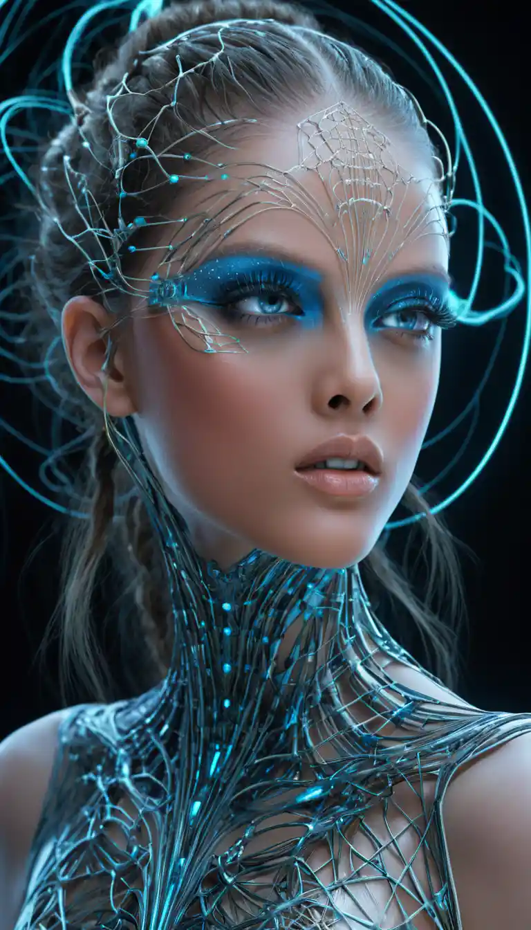 Futuristic femme android with glowing neural energy aura