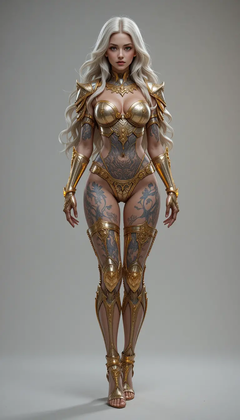 Armored warrior woman with glowing golden tattoos and long hair