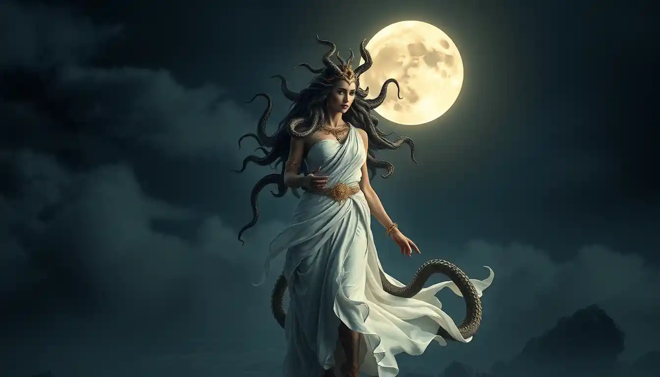 Méduse en blanc et or marchant sous un clair de lune éclatant