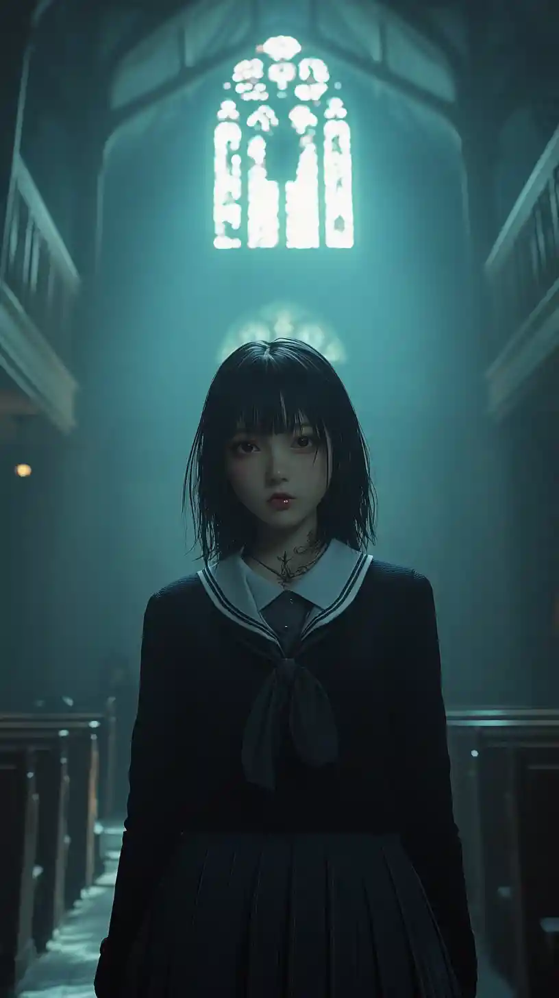 Tattooed Japanese schoolgirl in a warm anime classroom scene