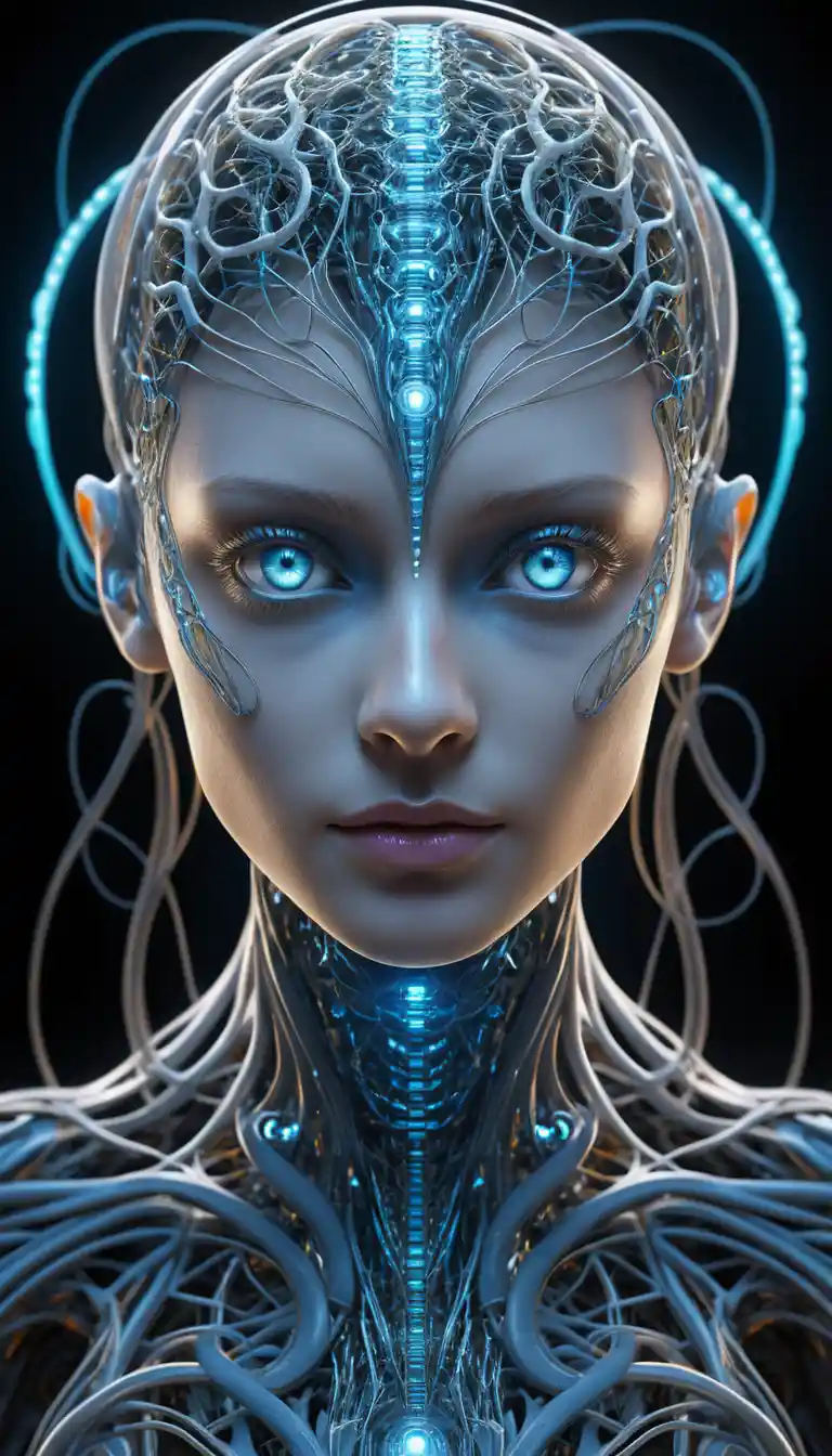 Full body portrait of a luminous cybernetic woman