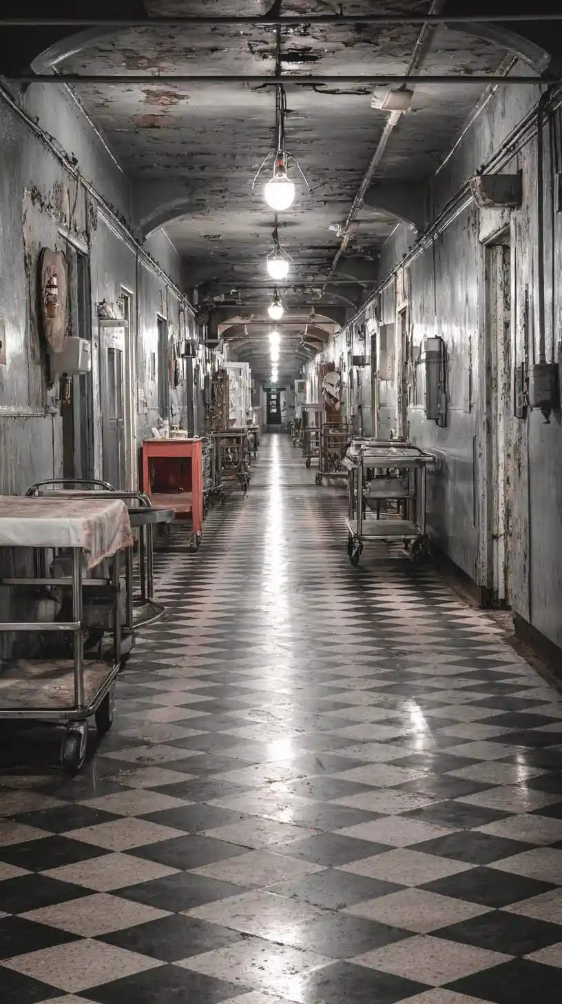 Surreal abandoned hospital corridor with eerie surgical trolleys