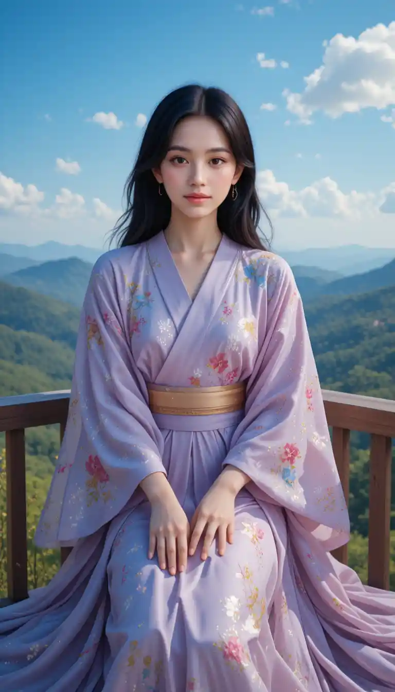 Young woman in lavender kimono on a sunny balcony