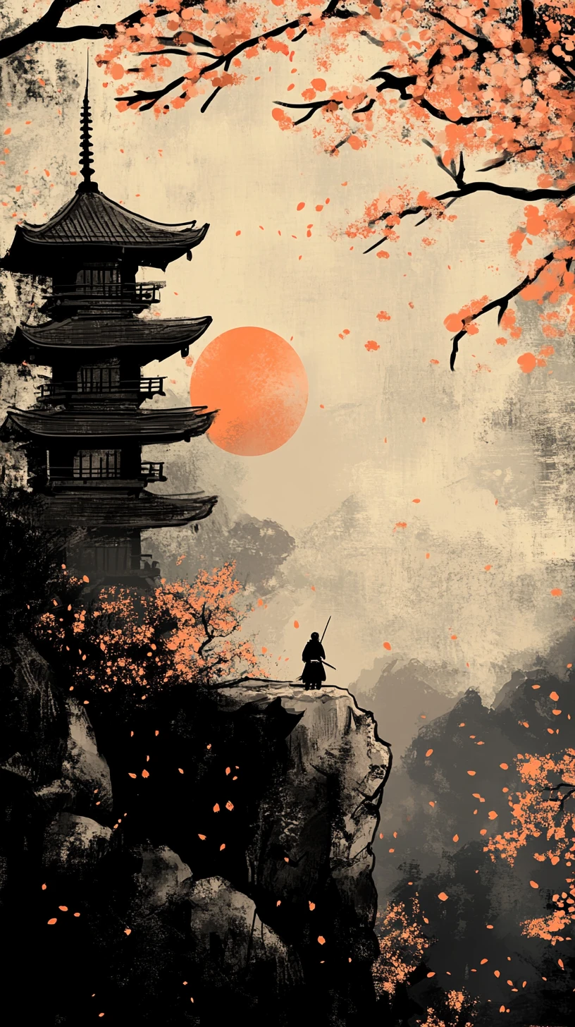 Samouraï contemplant une pagode depuis une falaise au crépuscule paisible