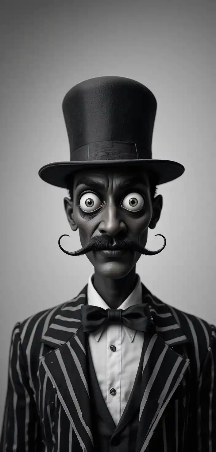 Close up portrait of a man with exaggerated eyes and hat