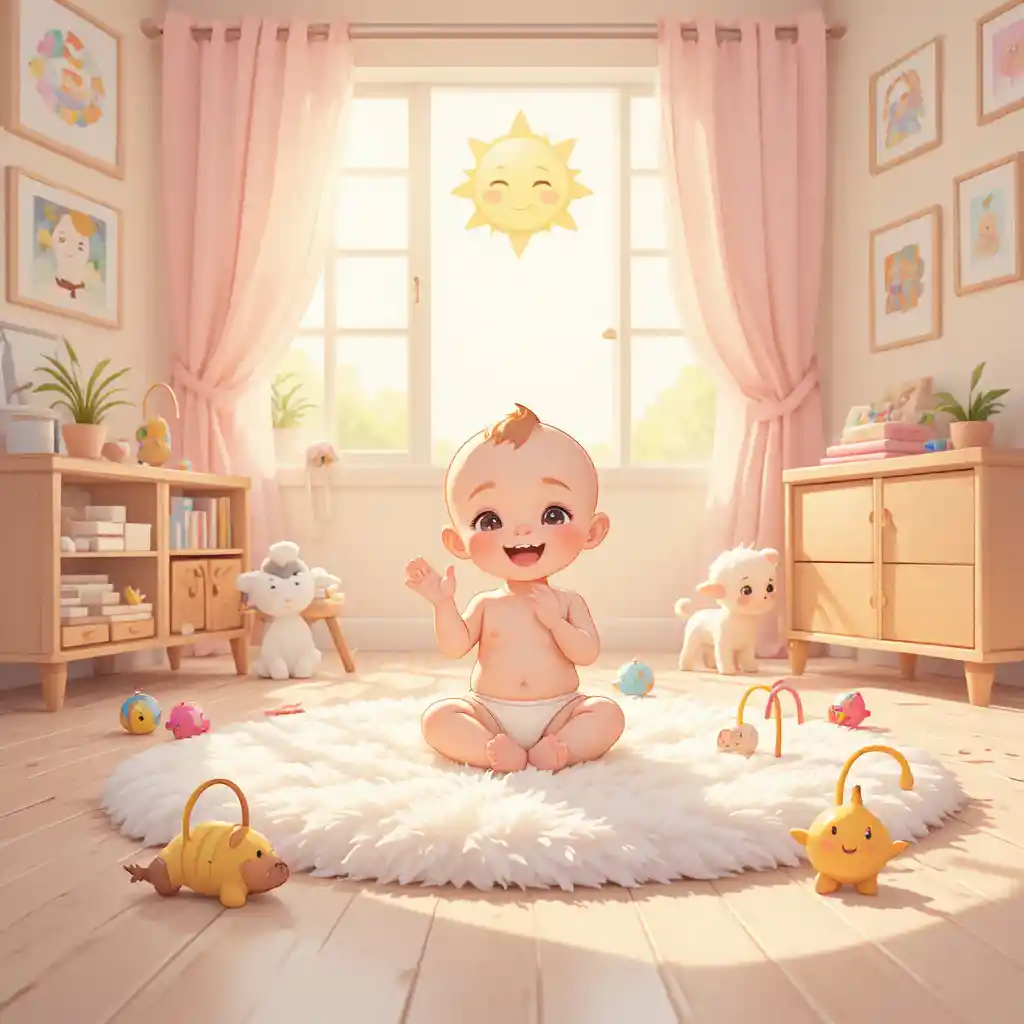 Bebê sorridente brincando em um tapete em um berçário ensolarado