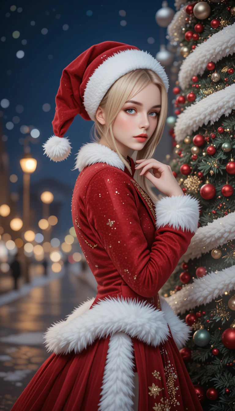 Festliche Frau im roten Santa-Outfit neben leuchtendem Weihnachtsbaum