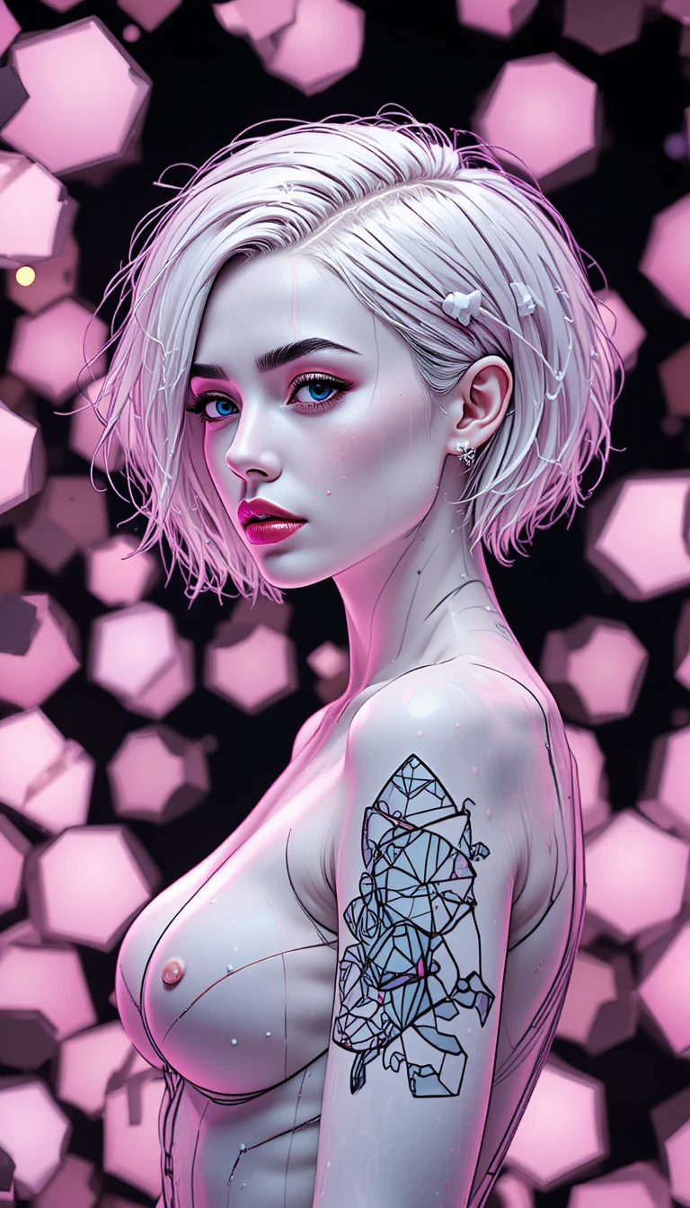 Futuristische Frau mit Tattoo vor rosa Hexagon-Hintergrund