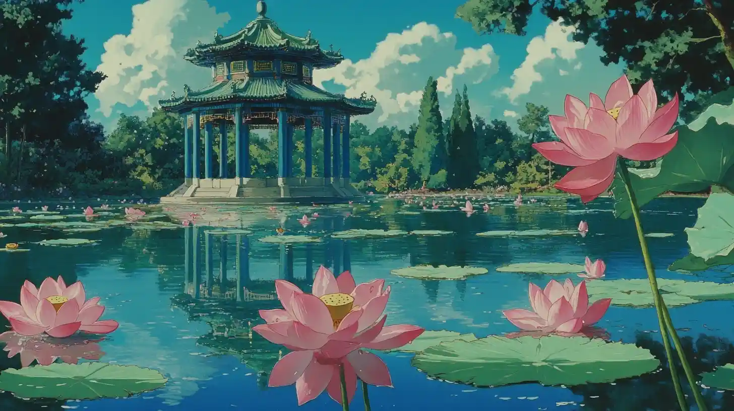 蓮の花と東屋のある静かな庭園の池