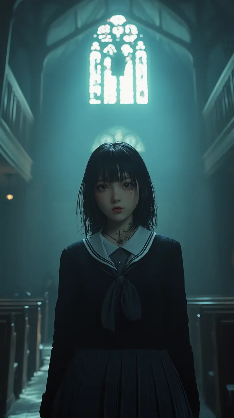 Tattooed Japanese schoolgirl in a warm anime classroom scene