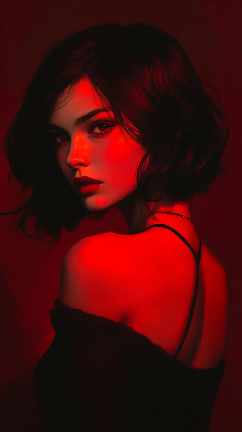 Young woman in red light with melancholic gaze
