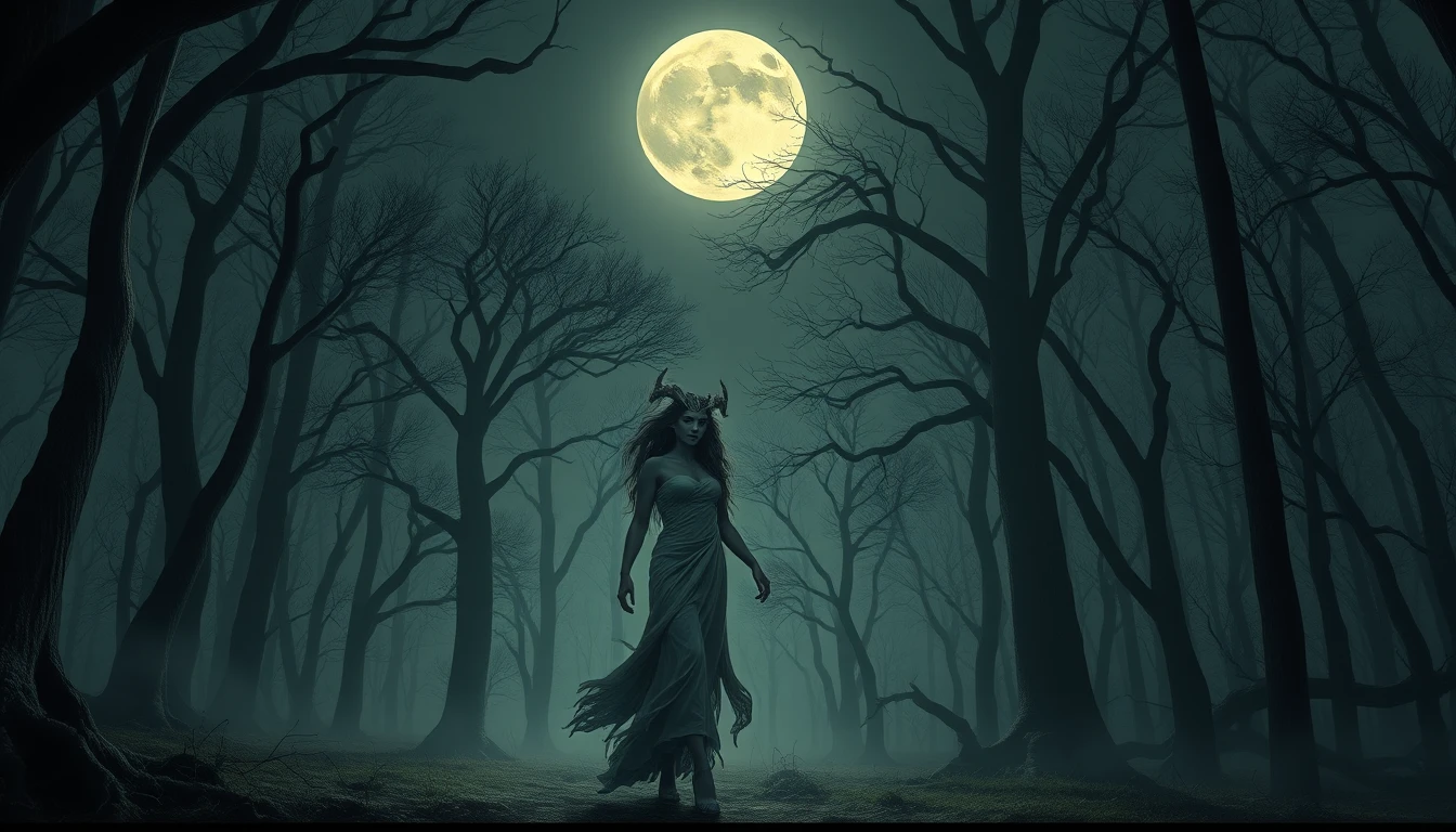 Méduse sereine marchant au clair de lune dans une forêt mystique