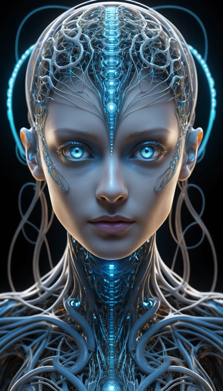 Full body portrait of a luminous cybernetic woman
