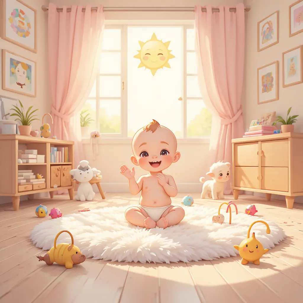 Smiling baby playing on a rug in sunny nursery