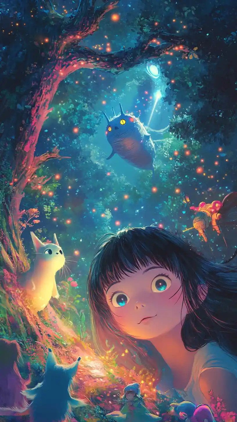 Playful forest scene with friends under a giant tree