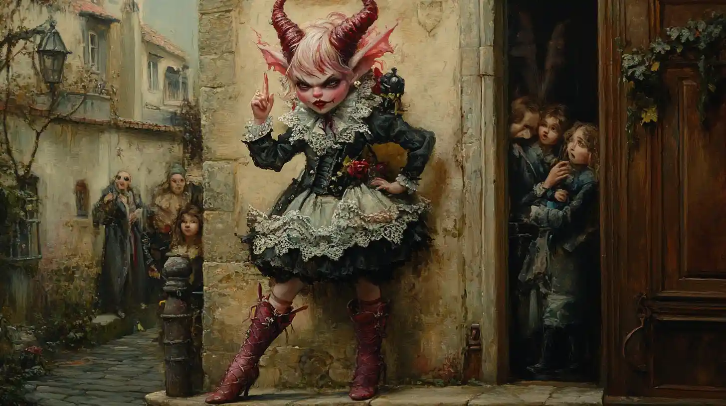Baroque painting of a tiny impish she devil in a house corner