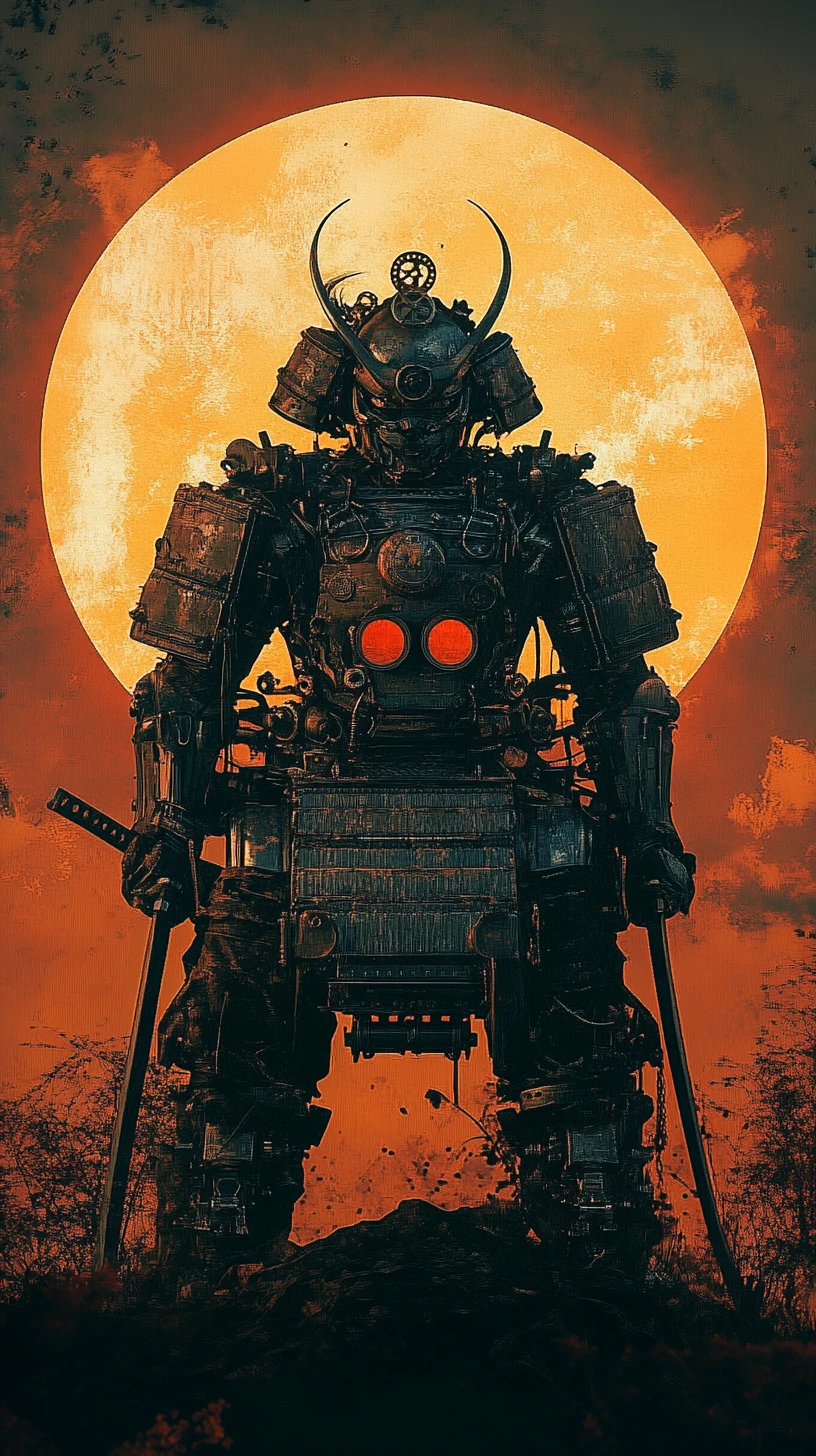 Steampunk mechanical samurai guardian before a glowing sunset
