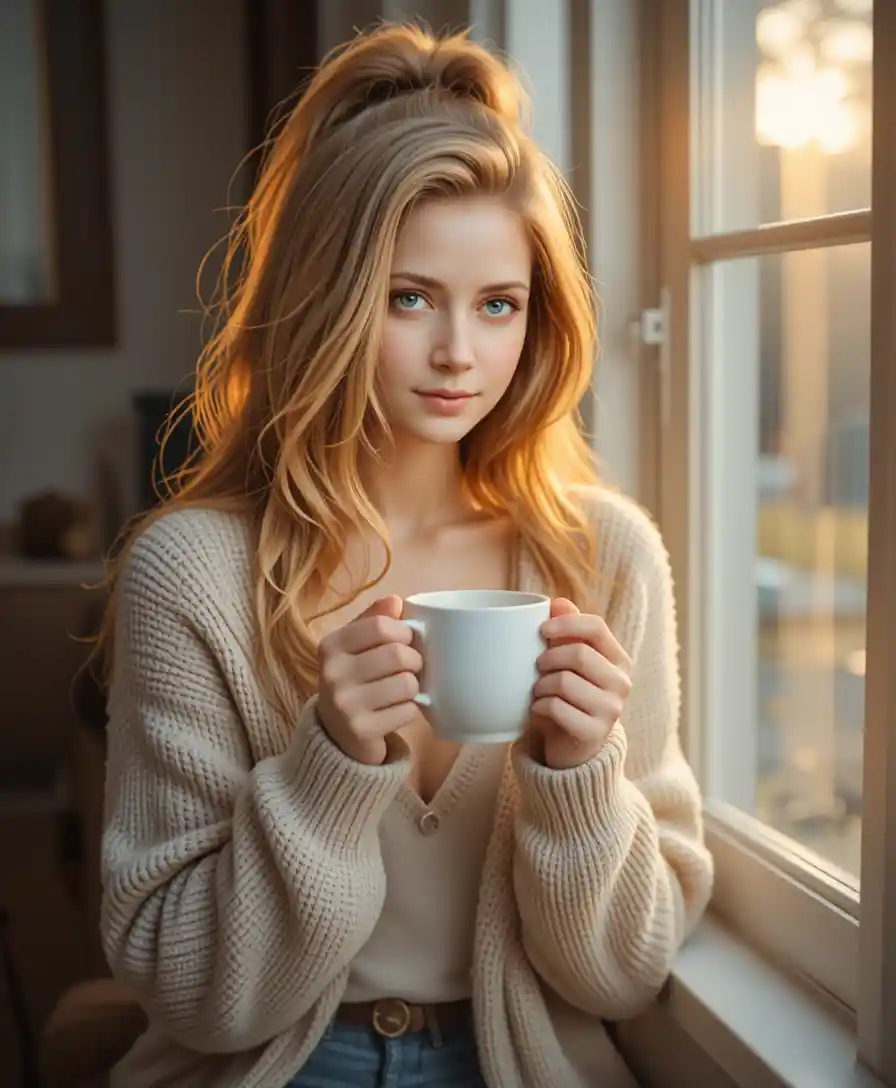 Cozy woman with coffee cup by softly lit window