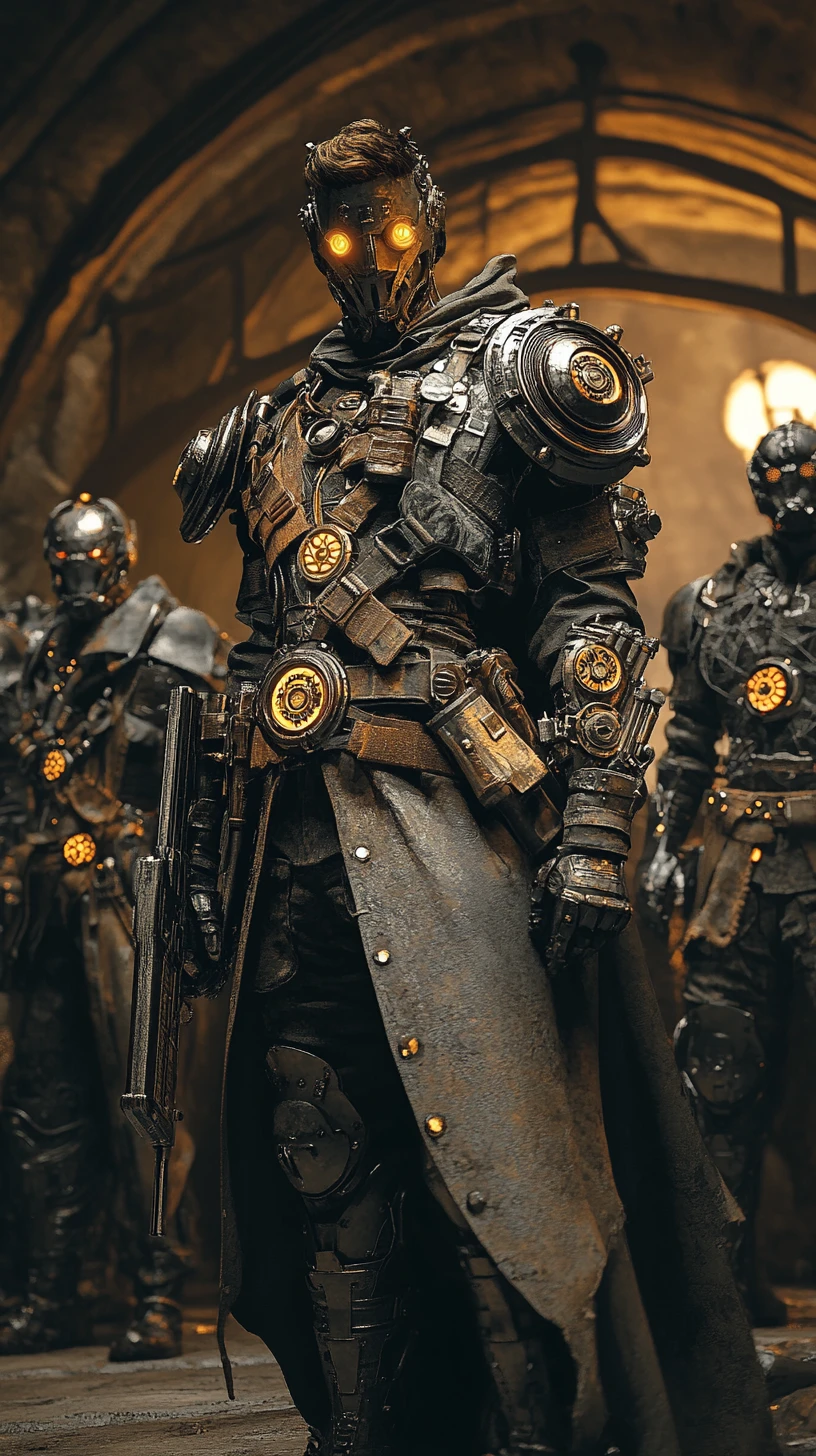 Fantasy steampunk warriors with mechanical and organic armored bodies