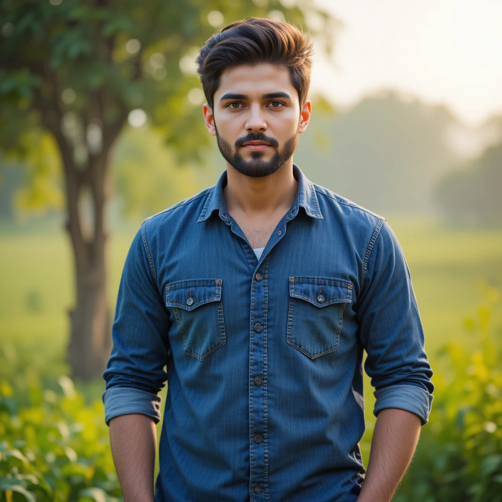 Ragazzo con camicia e jeans in piedi tra paesaggi montani