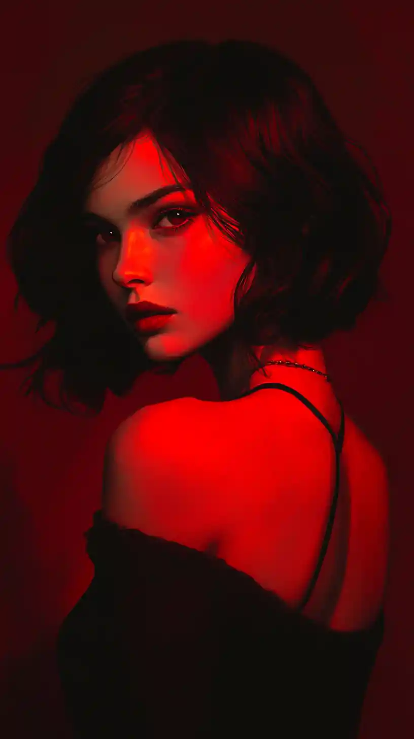 Young woman in red light with melancholic gaze