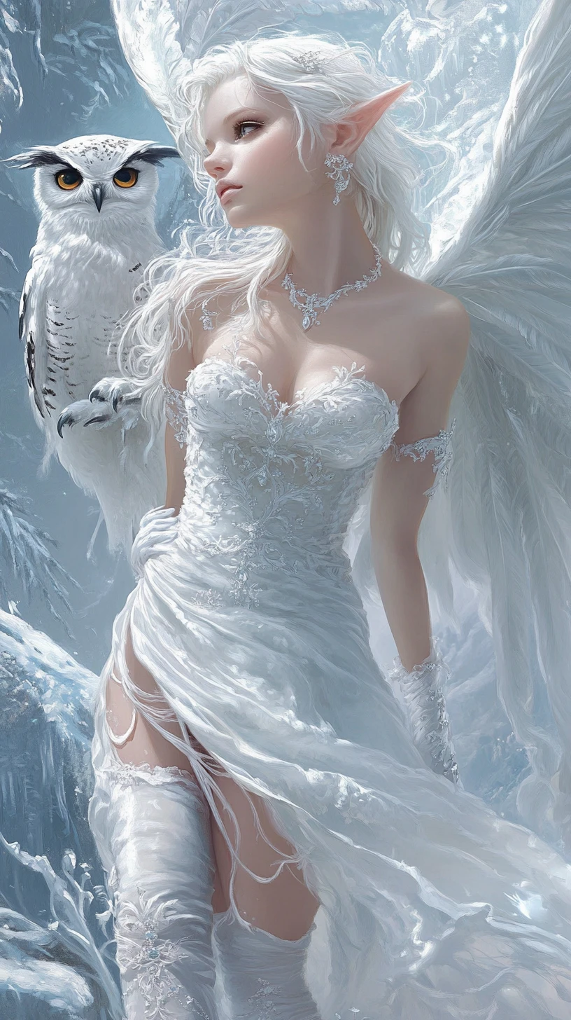 Ice fairy woman with snowy owl in crystal diamond art
