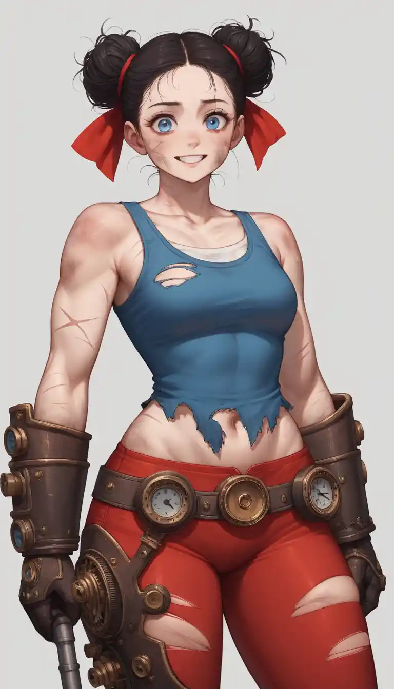 Chica escolar de anime con lazo rojo en una pose humillante