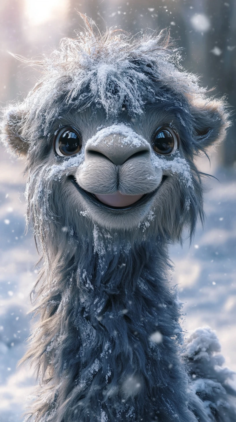 Joyful fluffy fantasy camel in snowy winter landscape