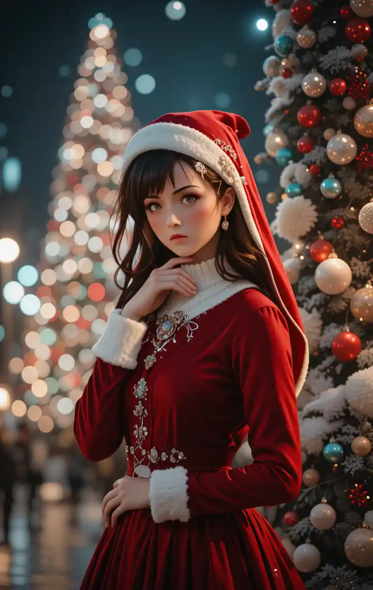 Mulher festiva de vermelho ao lado de árvore iluminada