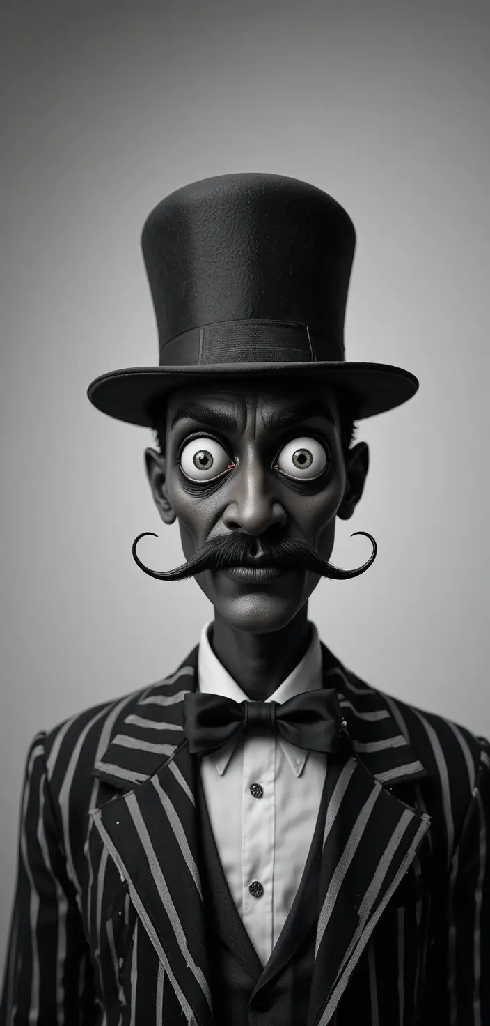 Retrato en primer plano de un hombre con ojos exagerados y sombrero