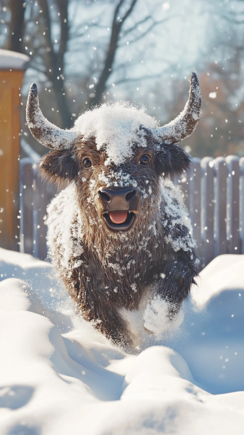 Playful fluffy bison creature in deep snowy backyard