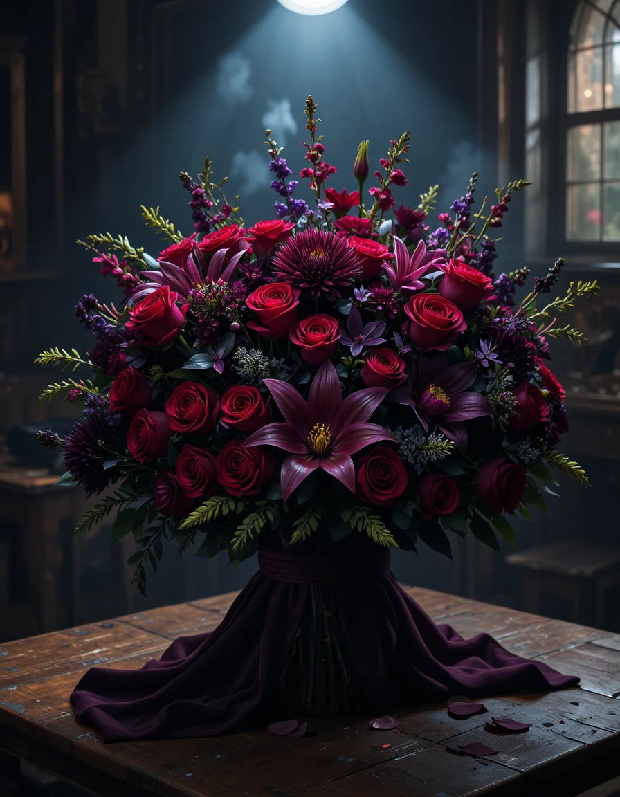 Ramo de flores dramático bajo un foco sobre mesa de madera antigua