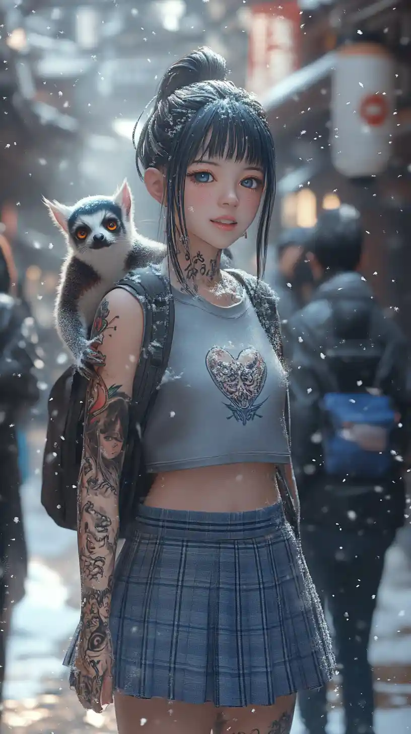 Anime schoolgirl with tattoos supported by smiling classmates