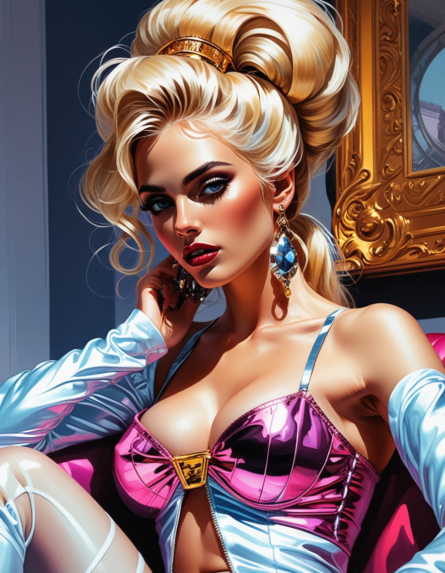 Pin-up bionda al neon in posa couture ispirata al barocco