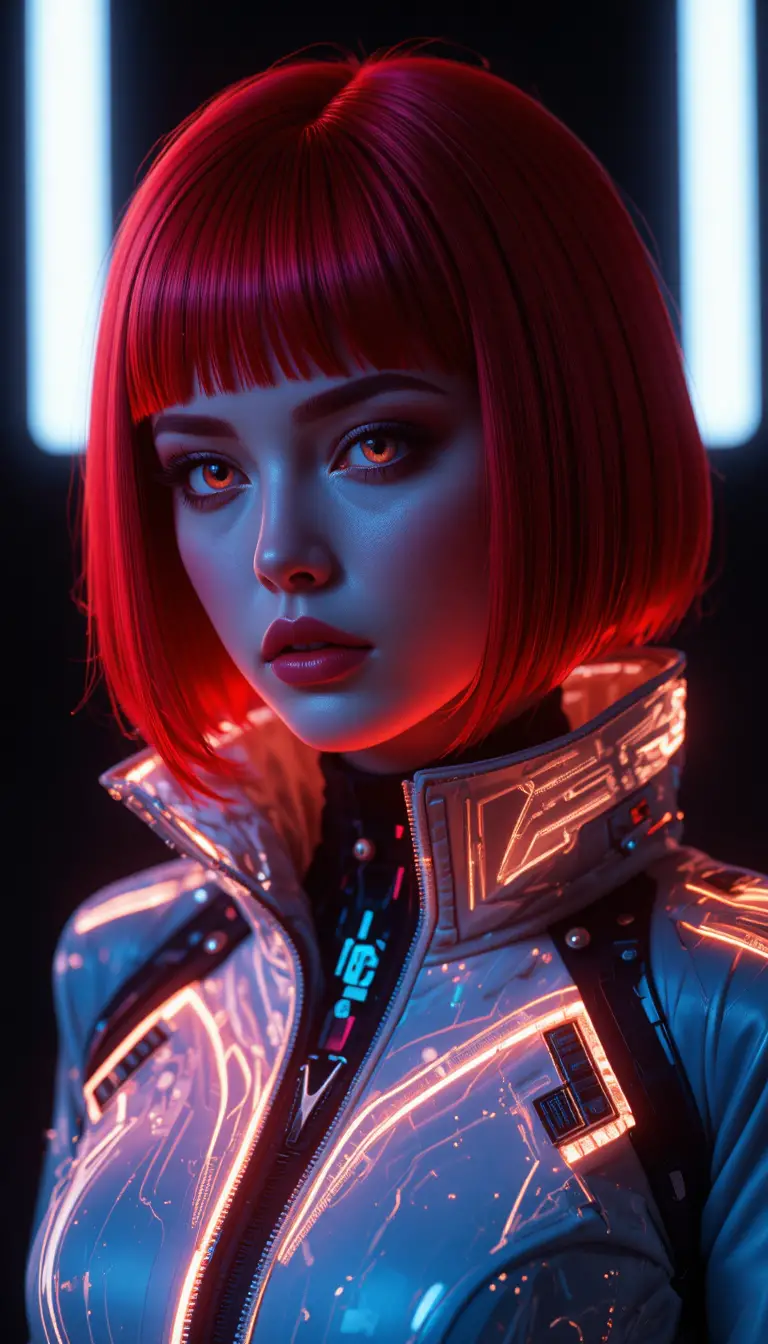 Neon red haired woman avatar with glowing eyes portrait