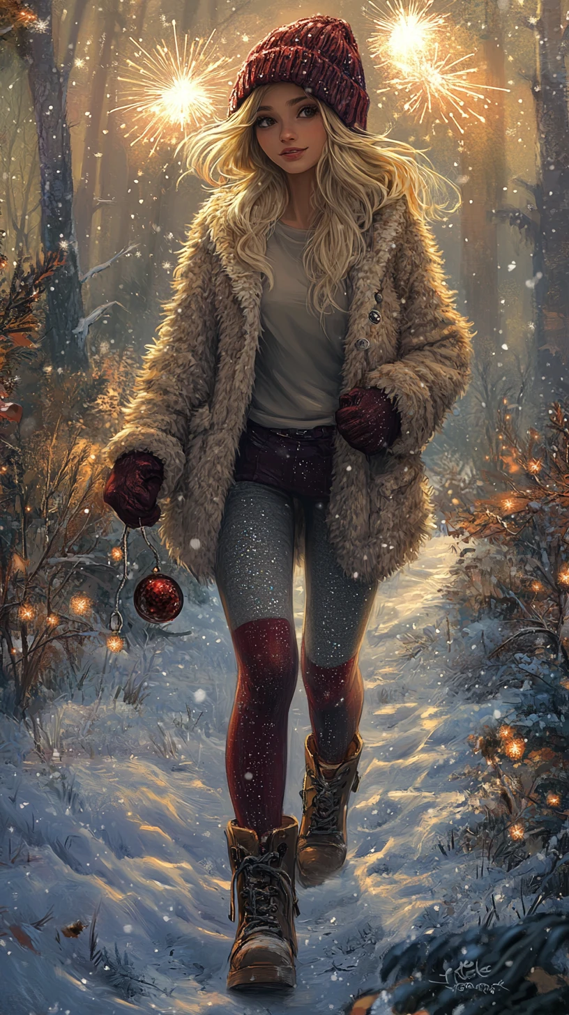 Young blonde girl walking in a festive winter forest