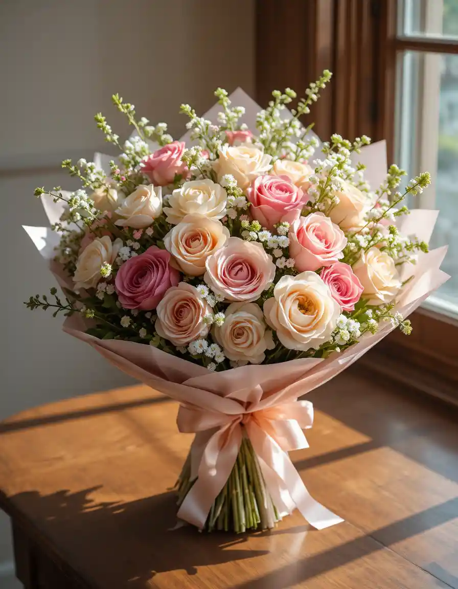 Élégant bouquet de fleurs sur table en bois près d’une fenêtre baignée de soleil