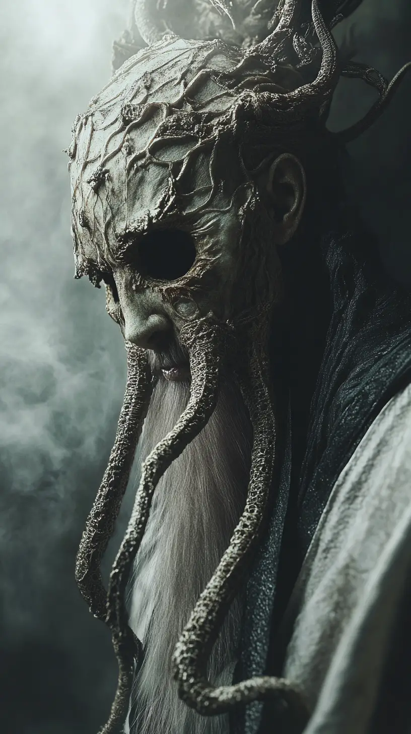 Dark priest emerging from a misty moonlit gothic church