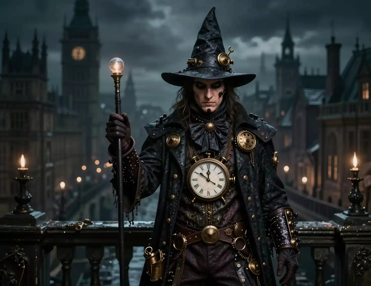 Clock wizard in dark steampunk clothing in victorian city