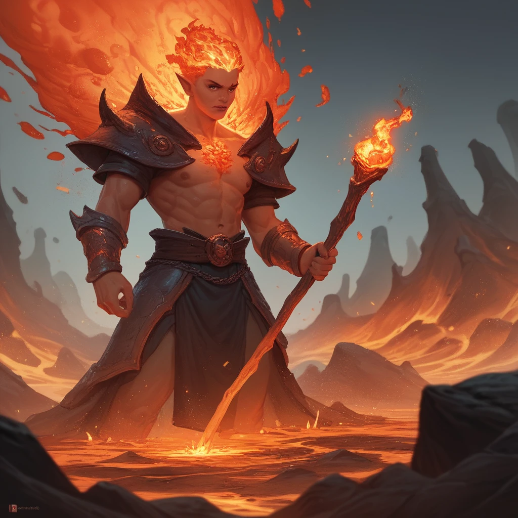 Wizard casting fiery spell before erupting volcanic landscape