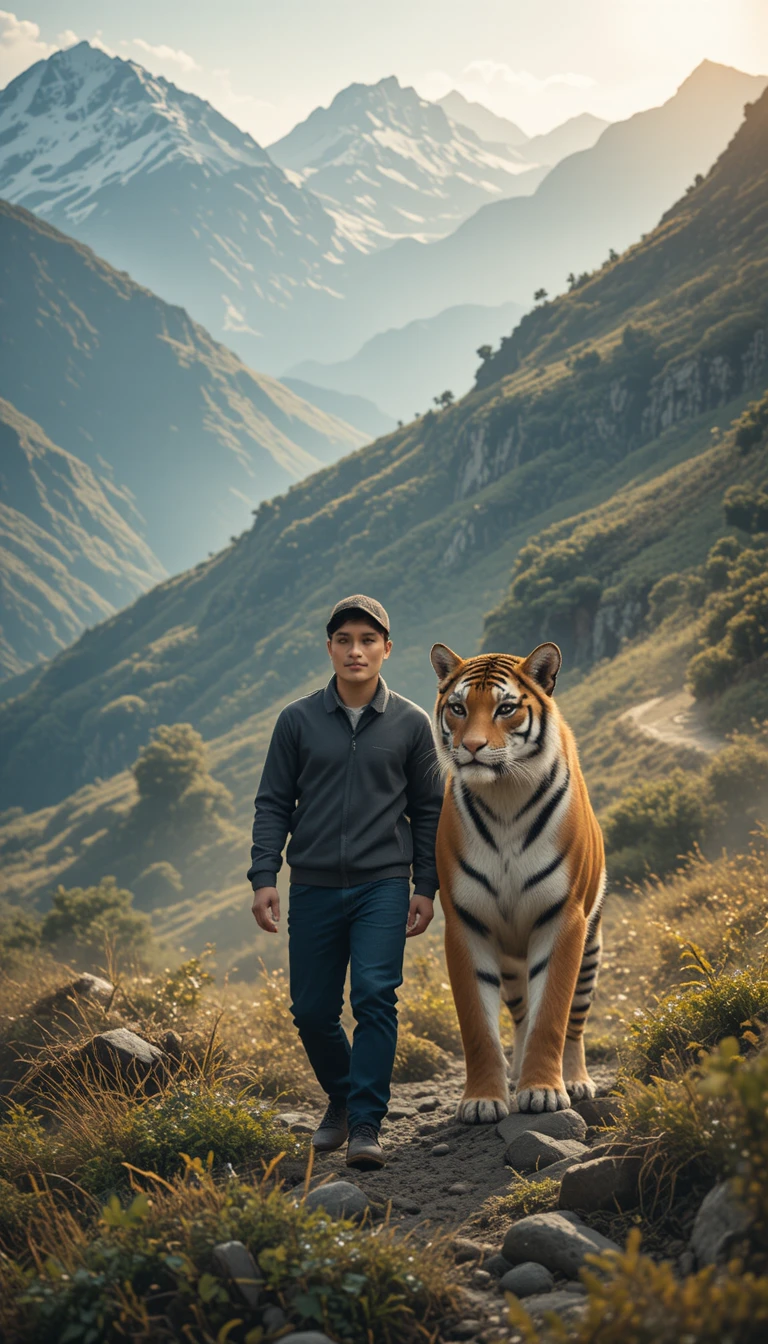 Homme Marchant aux Côtés d’un Tigre dans les Montagnes de l’Himalaya