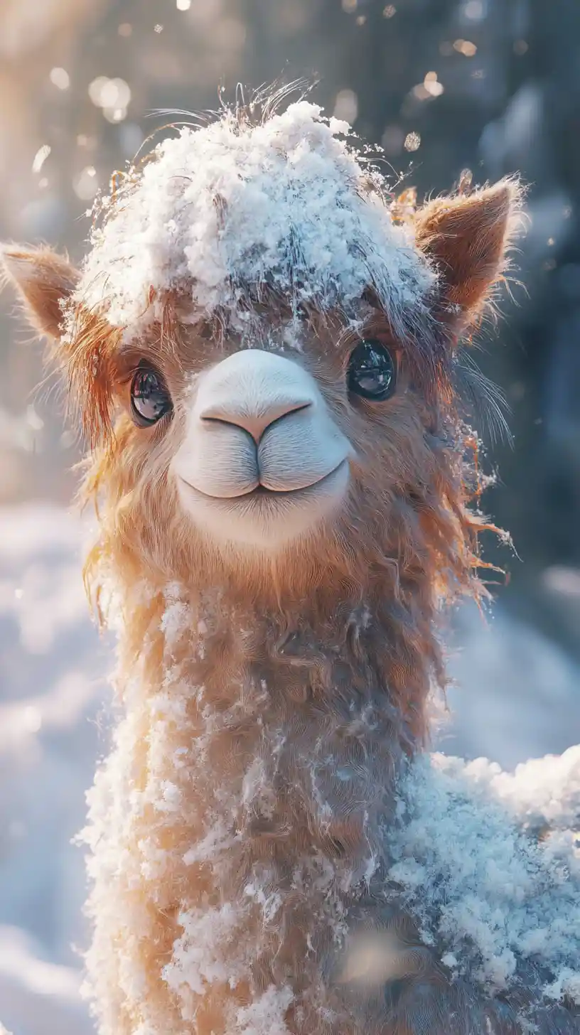 Joyful furry fantasy creature in snowy landscape