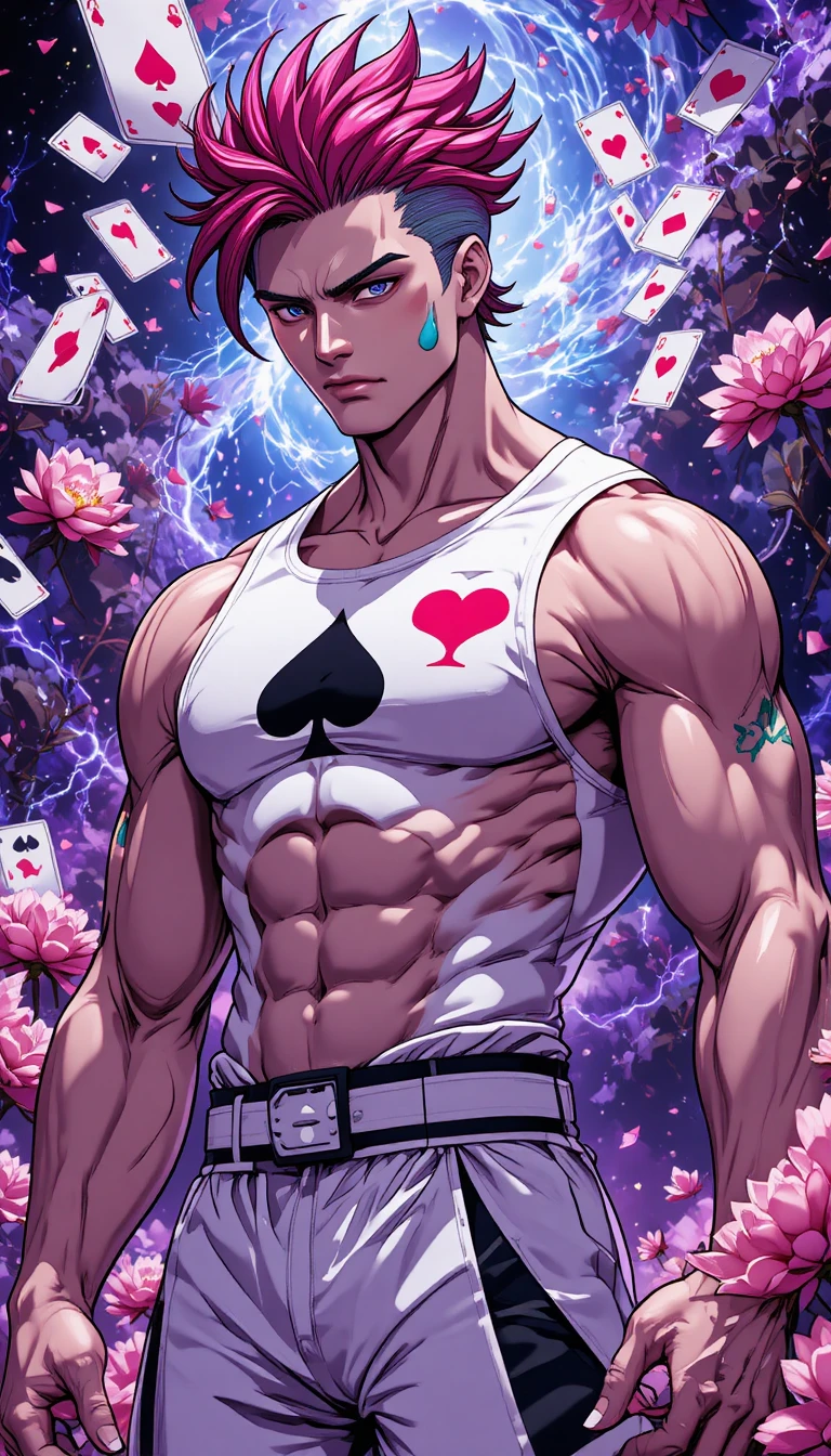 Muscular anime fighter with cards and lotus nebula