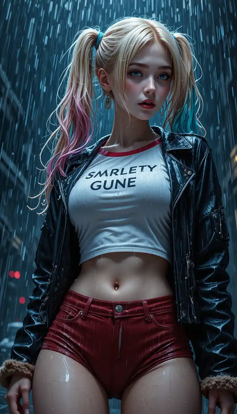 Anime‑Frau im Regen mit nasser Lederjacke und Zöpfen